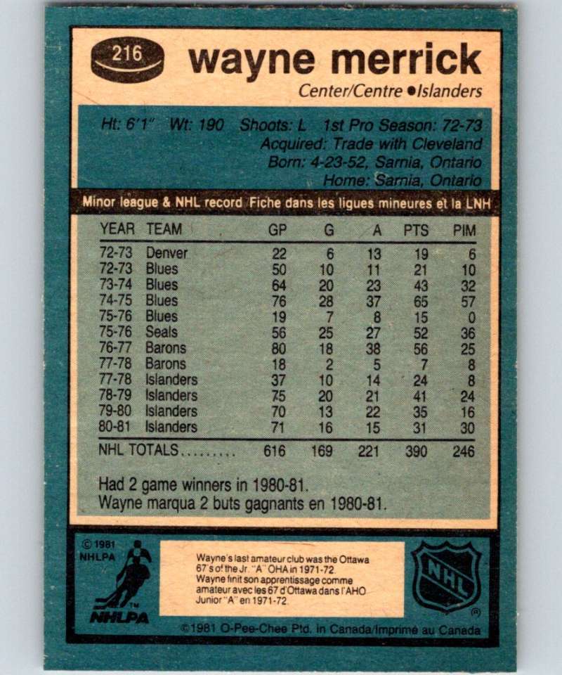 1981-82 O-Pee-Chee #216 Wayne Merrick NY Islanders 6509
