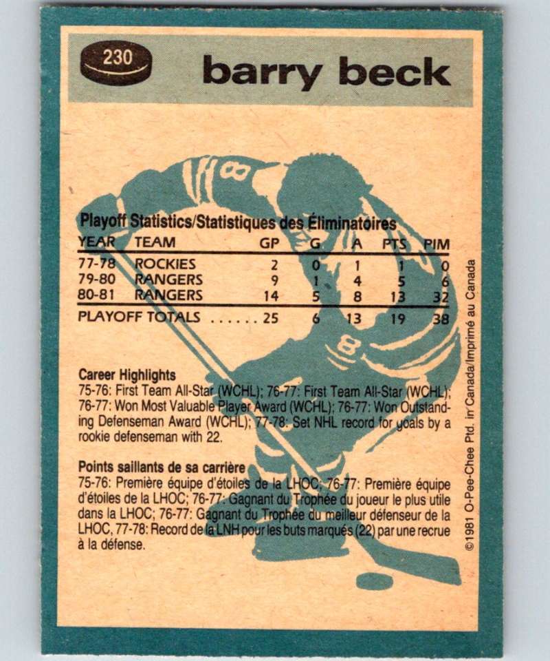 1981-82 O-Pee-Chee #230 Barry Beck NY Rangers 6523