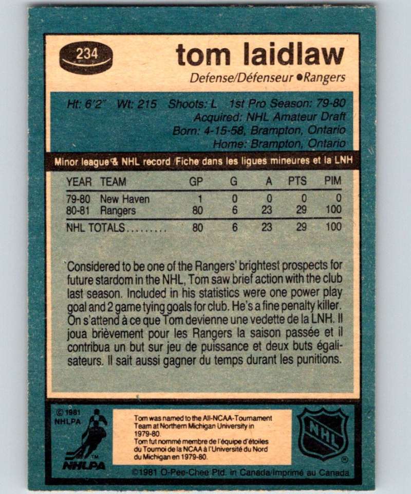 1981-82 O-Pee-Chee #234 Tom Laidlaw RC Rookie NY Rangers 6527