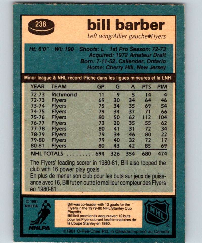 1981-82 O-Pee-Chee #238 Bill Barber Flyers 6531