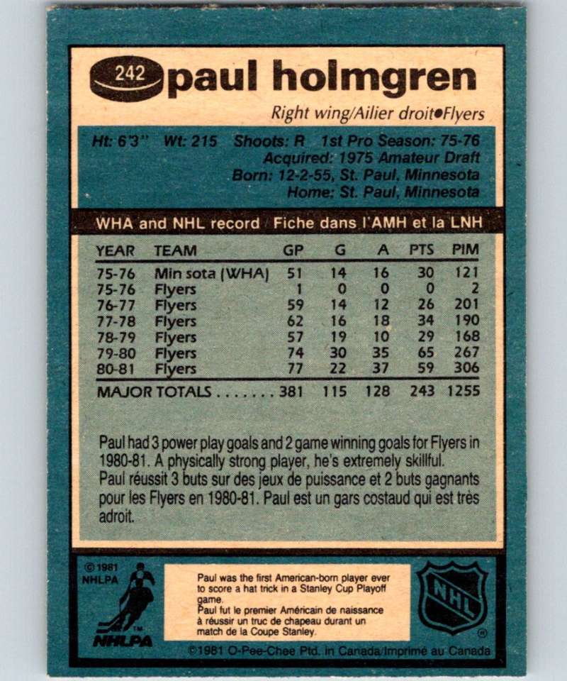 1981-82 O-Pee-Chee #242 Paul Holmgren Flyers 6535