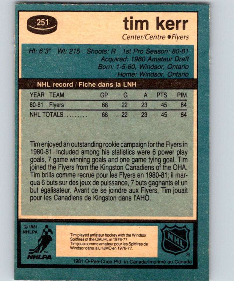 1981-82 O-Pee-Chee #251 Tim Kerr RC Rookie Flyers 6544 Image 2
