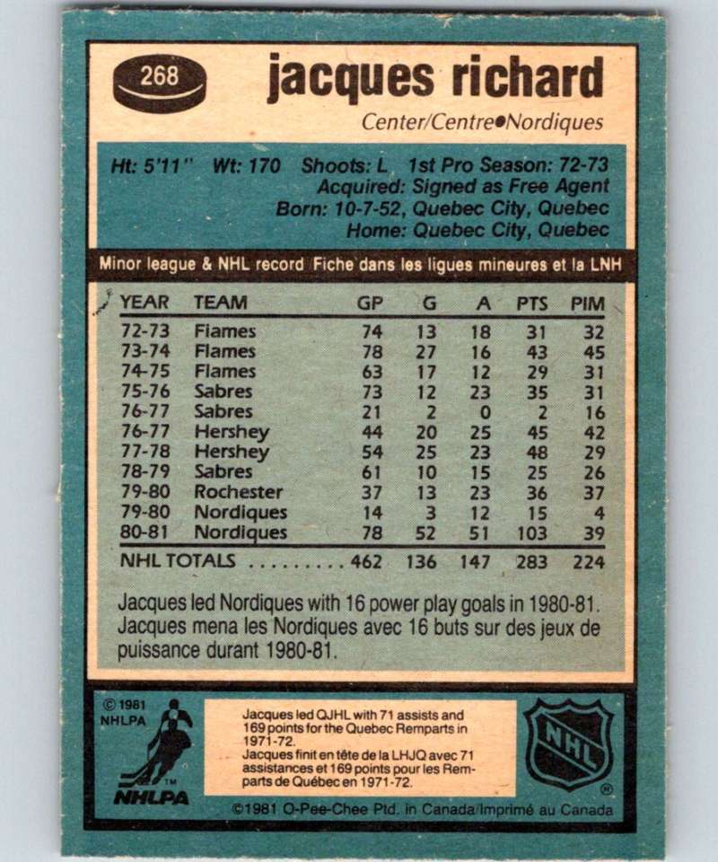 1981-82 O-Pee-Chee #268 Jacques Richard Nordiques 6561