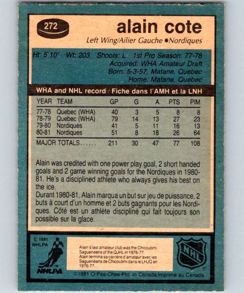 1981-82 O-Pee-Chee #272 Alain Cote Nordiques 6565