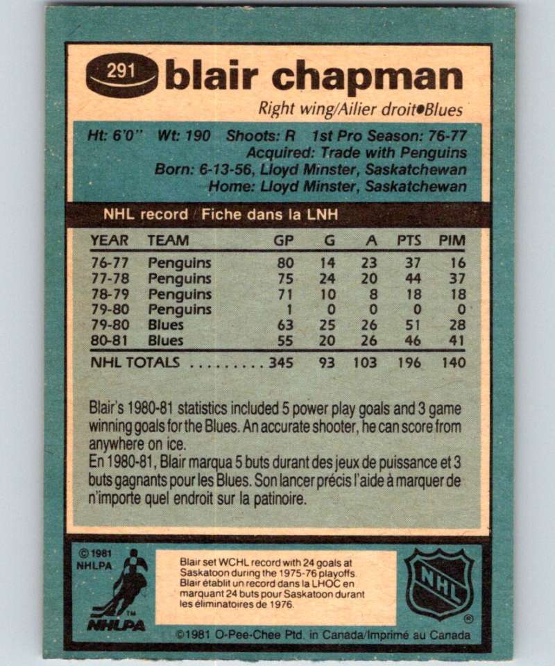 1981-82 O-Pee-Chee #291 Blair Chapman Blues 6584