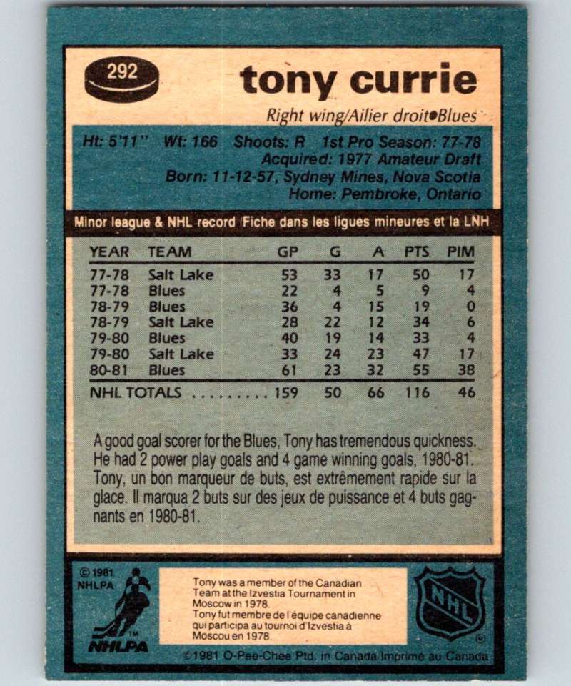 1981-82 O-Pee-Chee #292 Tony Currie Blues 6585