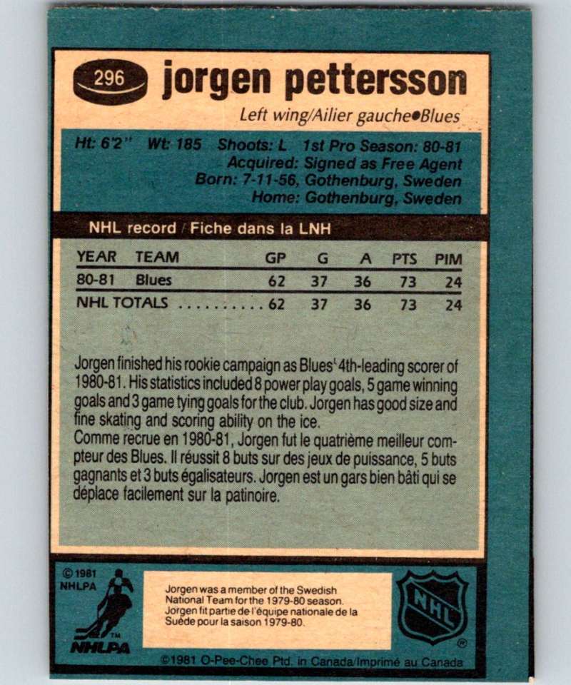 1981-82 O-Pee-Chee #296 Jorgen Pettersson RC Rookie Blues 6589