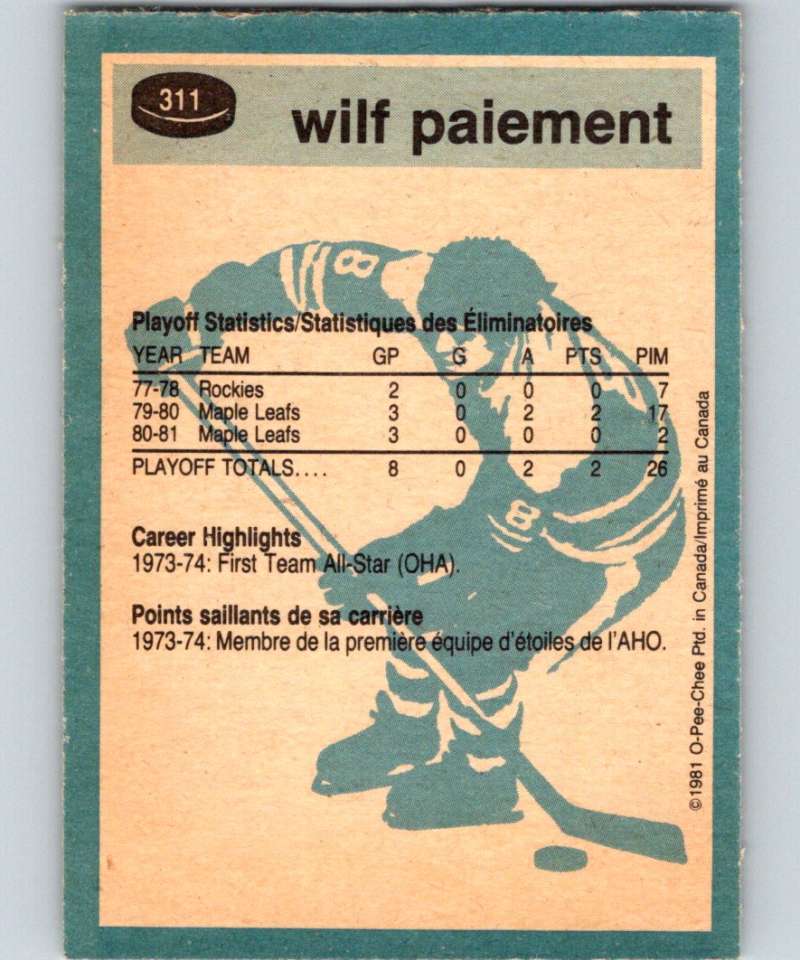 1981-82 O-Pee-Chee #311 Wilf Paiement Maple Leafs 6604