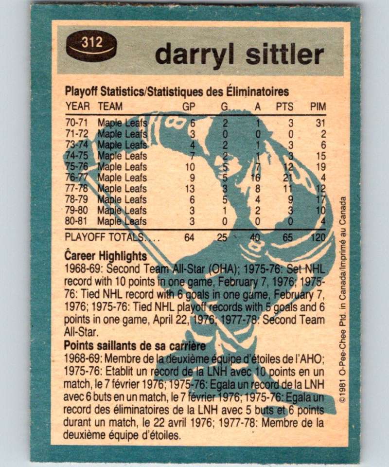 1981-82 O-Pee-Chee #312 Darryl Sittler Maple Leafs 6605