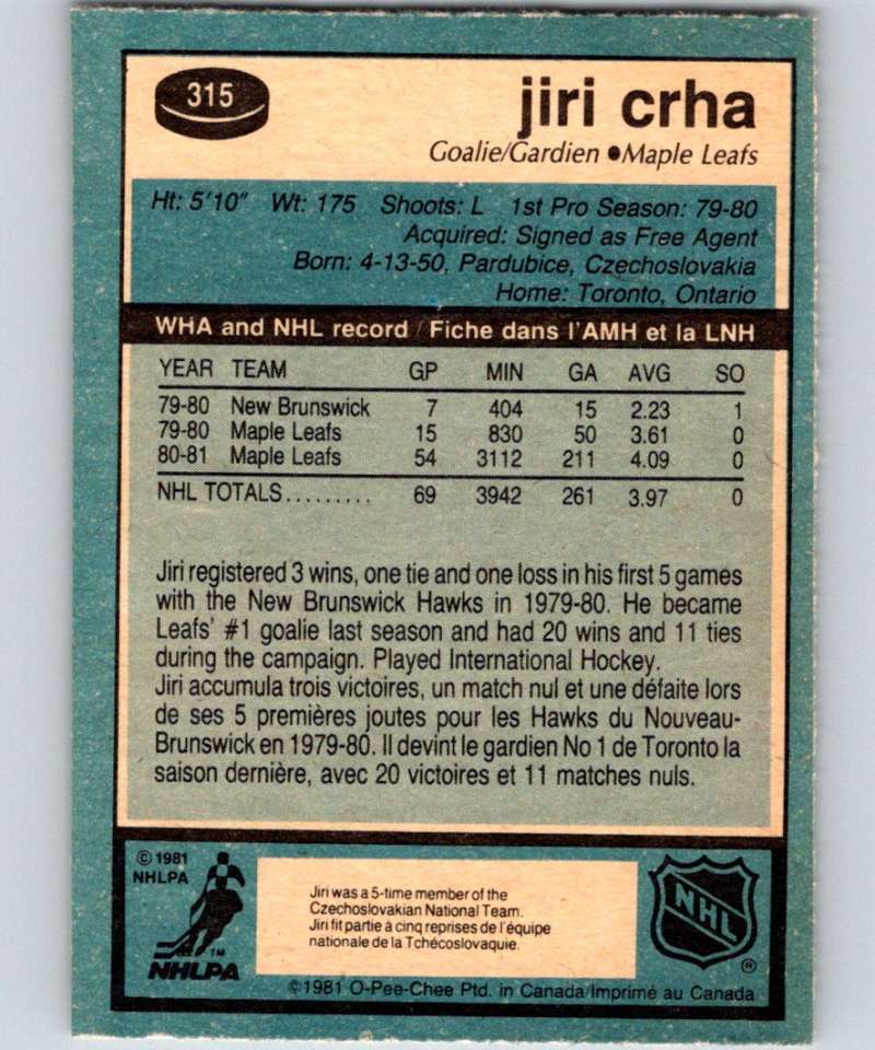 1981-82 O-Pee-Chee #315 Jiri Crha RC Rookie Maple Leafs 6608