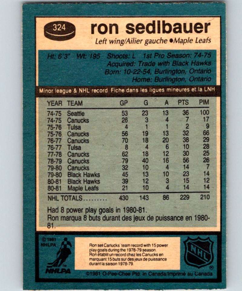 1981-82 O-Pee-Chee #324 Ron Sedlbauer Maple Leafs 6617