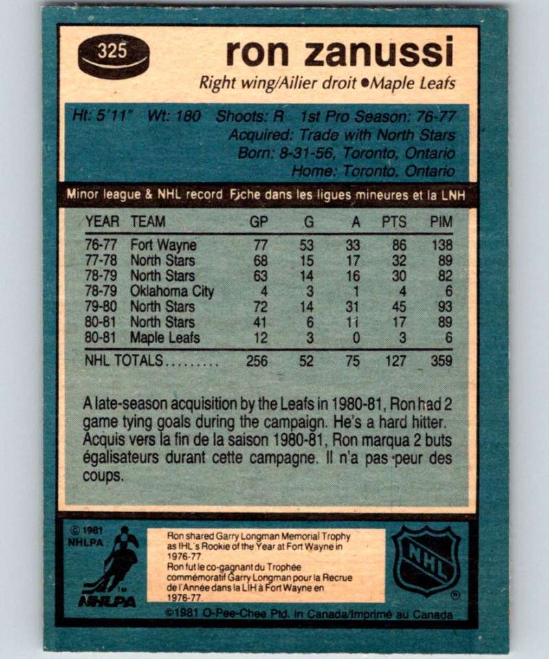 1981-82 O-Pee-Chee #325 Ron Zanussi Maple Leafs 6618
