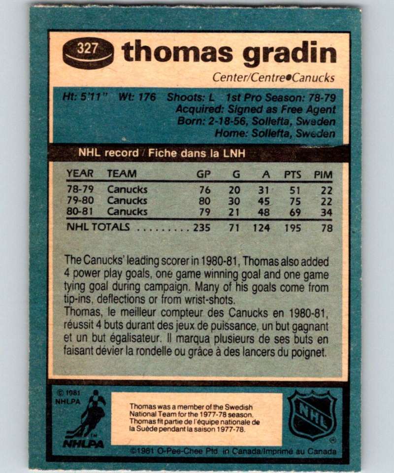1981-82 O-Pee-Chee #327 Thomas Gradin Canucks 6620