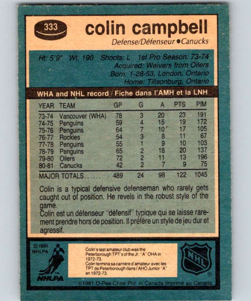 1981-82 O-Pee-Chee #333 Colin Campbell Canucks 6626