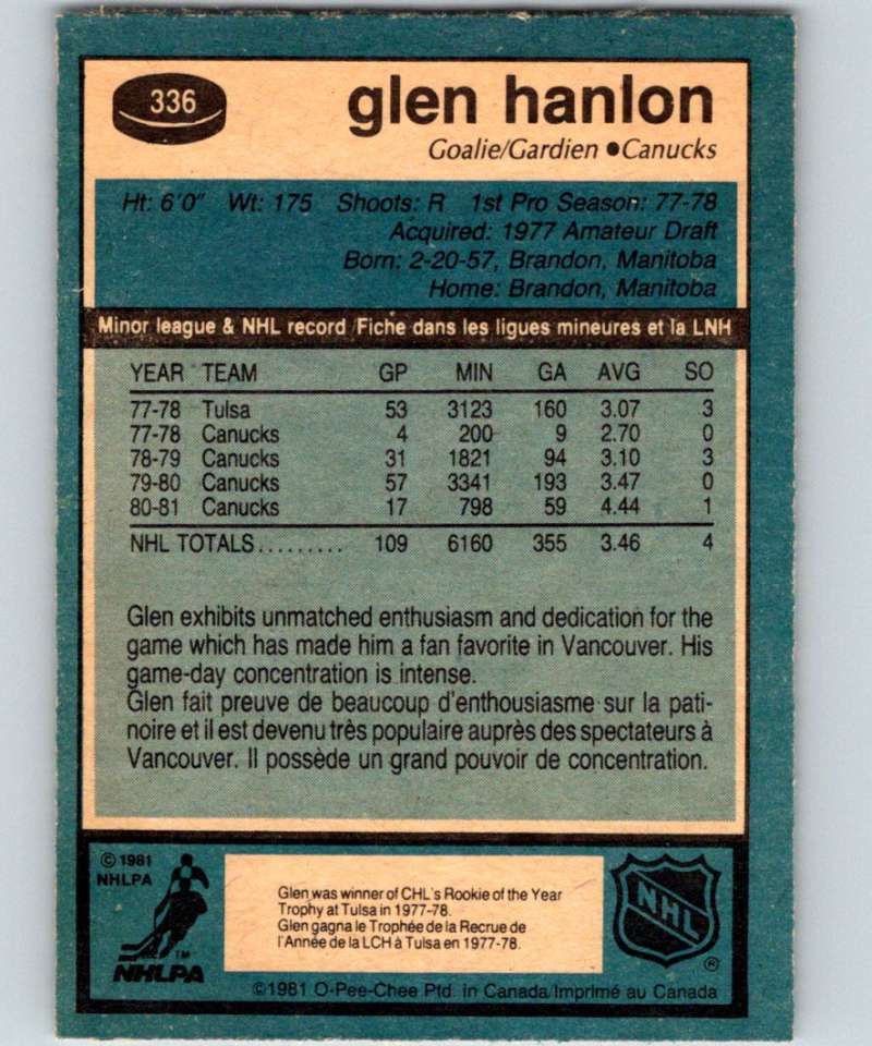 1981-82 O-Pee-Chee #336 Glen Hanlon Canucks 6629