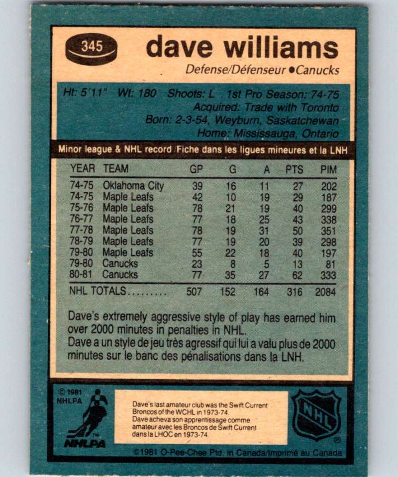 1981-82 O-Pee-Chee #345 Tiger Williams Canucks 6638