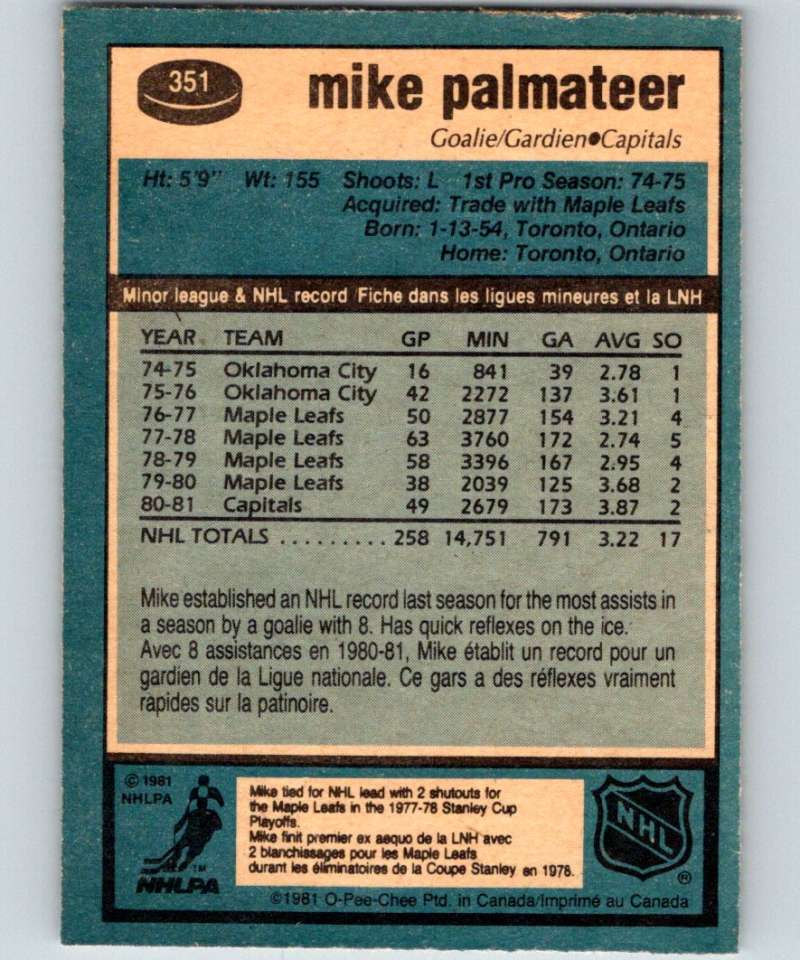 1981-82 O-Pee-Chee #351 Mike Palmateer Capitals 6644