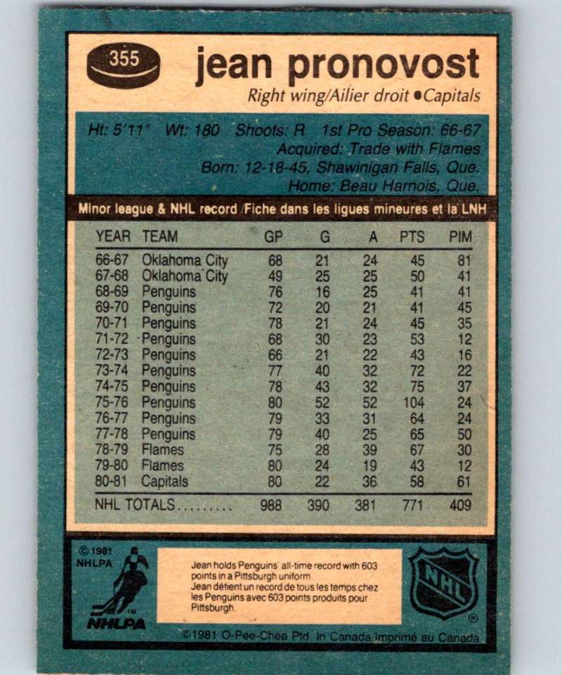 1981-82 O-Pee-Chee #355 Jean Pronovost Capitals 6648
