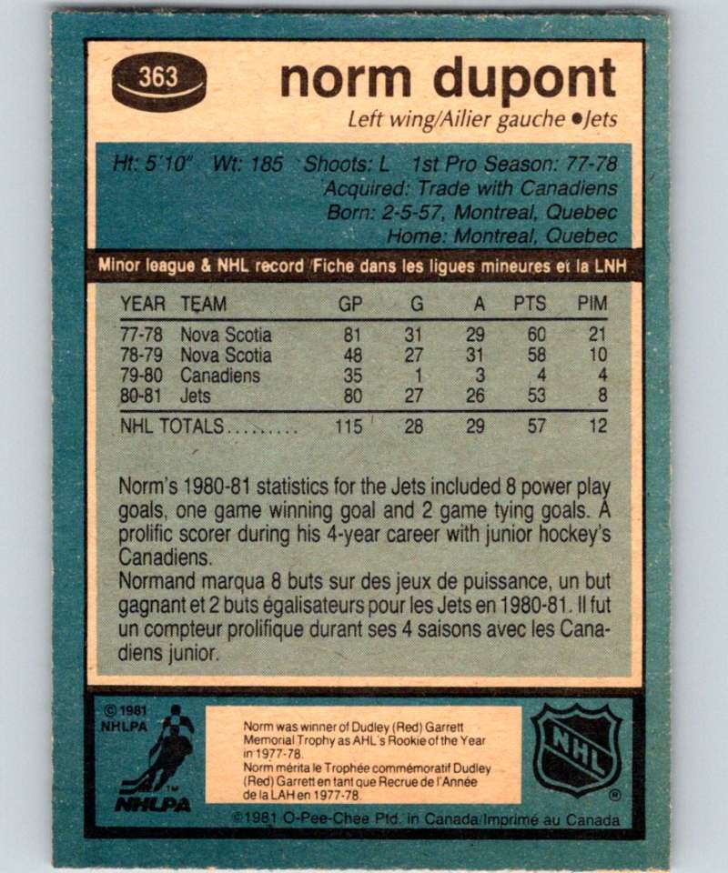 1981-82 O-Pee-Chee #363 Norm Dupont RC Rookie Winn Jets 6656
