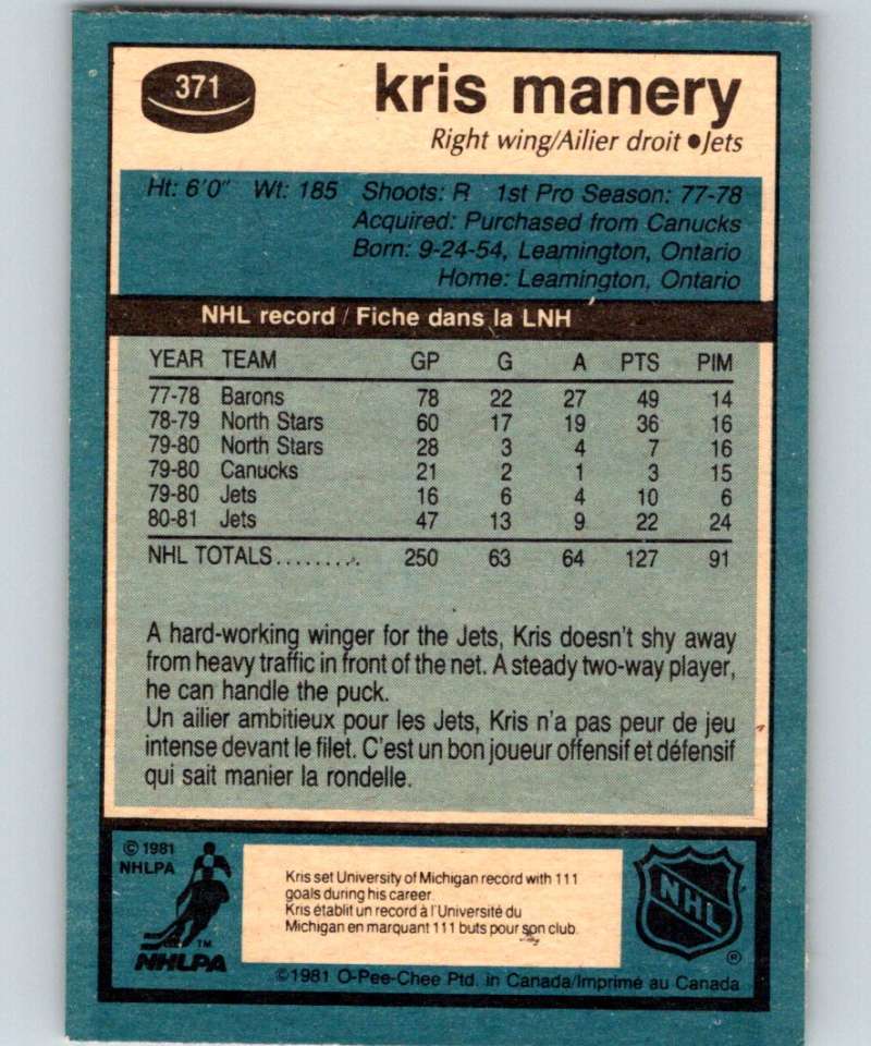1981-82 O-Pee-Chee #371 Kris Manery Winn Jets 6664