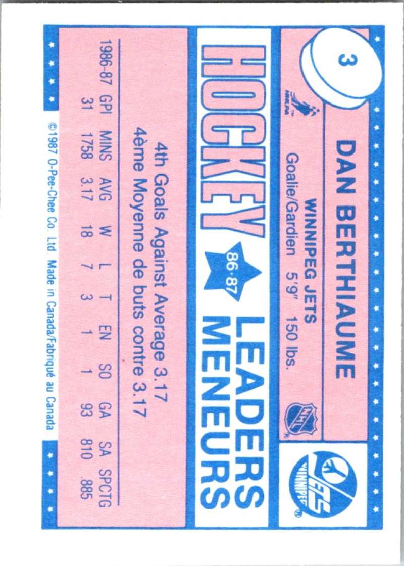 1987-88 O-Pee-Chee Minis #3 Daniel Berthiaume Winn Jets NHL 05392