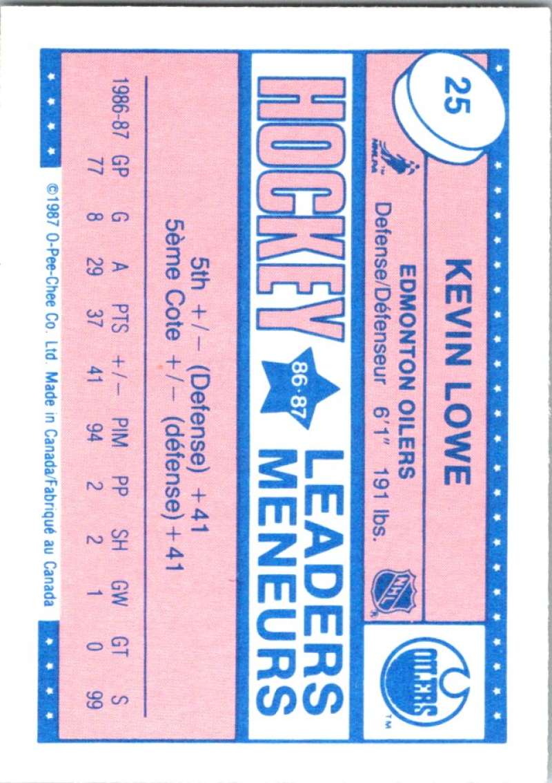 1987-88 O-Pee-Chee Minis #25 Kevin Lowe Oilers NHL 05414 Image 2