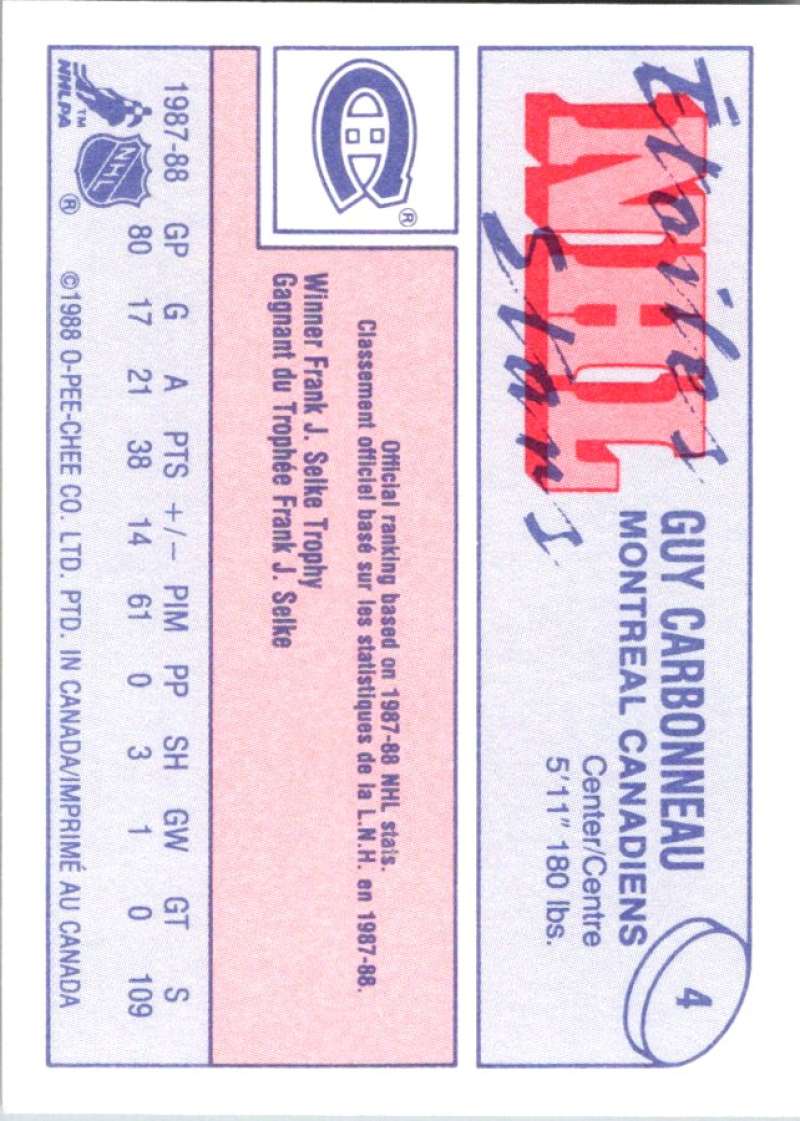 1988-89 O-Pee-Chee Minis #4 Guy Carbonneau Canadiens NHL 04731