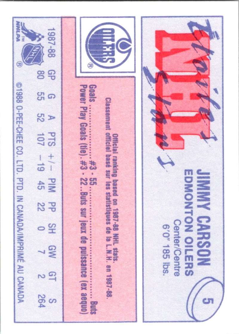 1988-89 O-Pee-Chee Minis #5 Jimmy Carson Oilers NHL 04732 Image 2