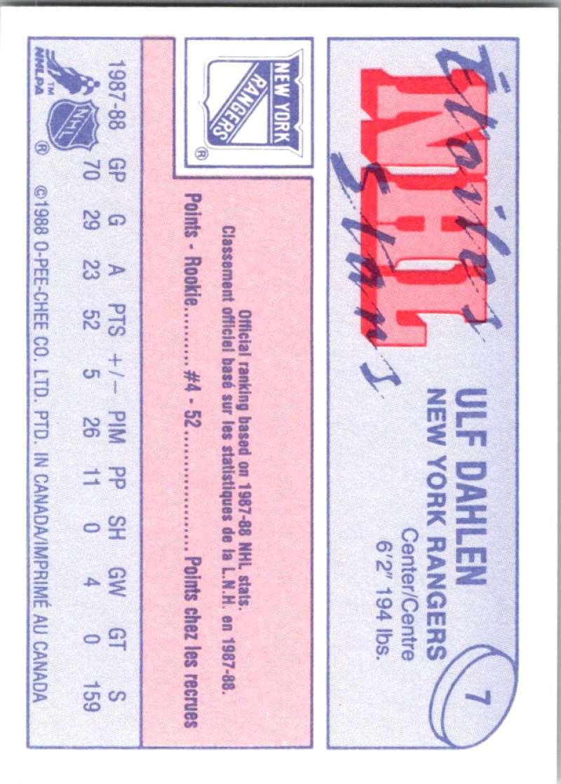 1988-89 O-Pee-Chee Minis #7 Ulf Dahlen NY Rangers NHL 04734