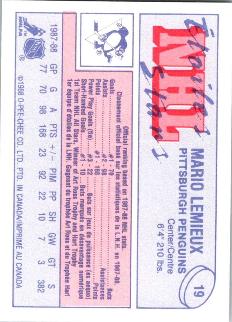 1988-89 O-Pee-Chee Minis #19 Mario Lemieux Penguins NHL 04746
