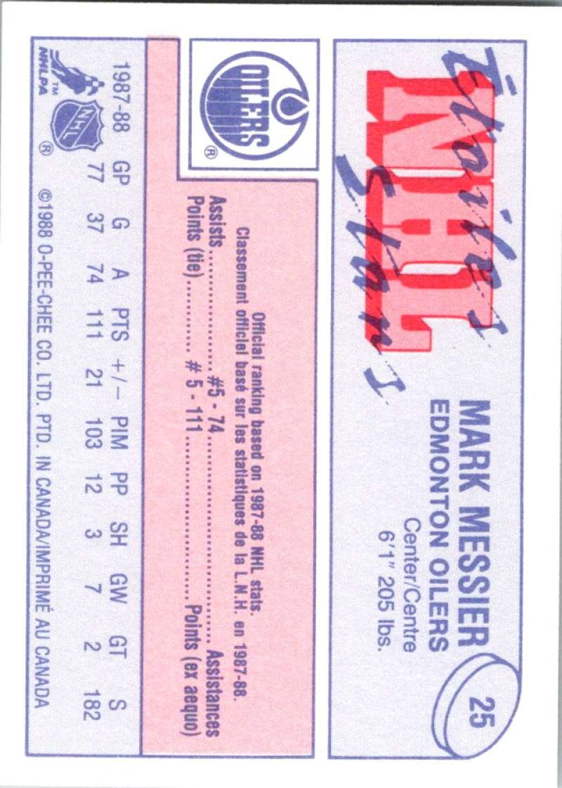 1988-89 O-Pee-Chee Minis #25 Mark Messier Oilers NHL 05434