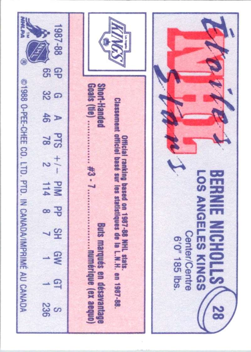 1988-89 O-Pee-Chee Minis #28 Bernie Nicholls Kings NHL 05437 Image 2
