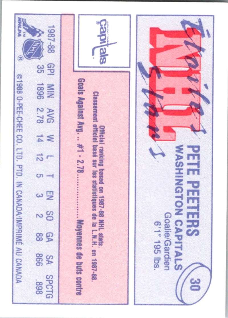 1988-89 O-Pee-Chee Minis #30 Pete Peeters Capitals NHL 05439 Image 2