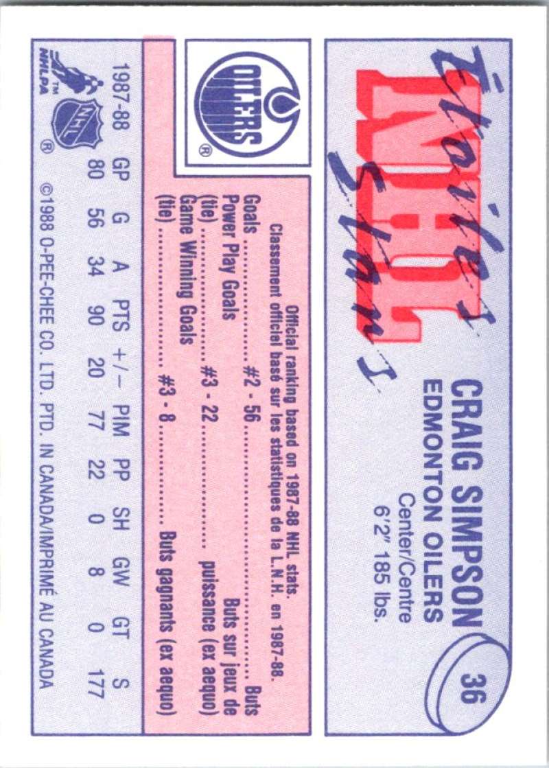 1988-89 O-Pee-Chee Minis #36 Craig Simpson Oilers NHL 05445