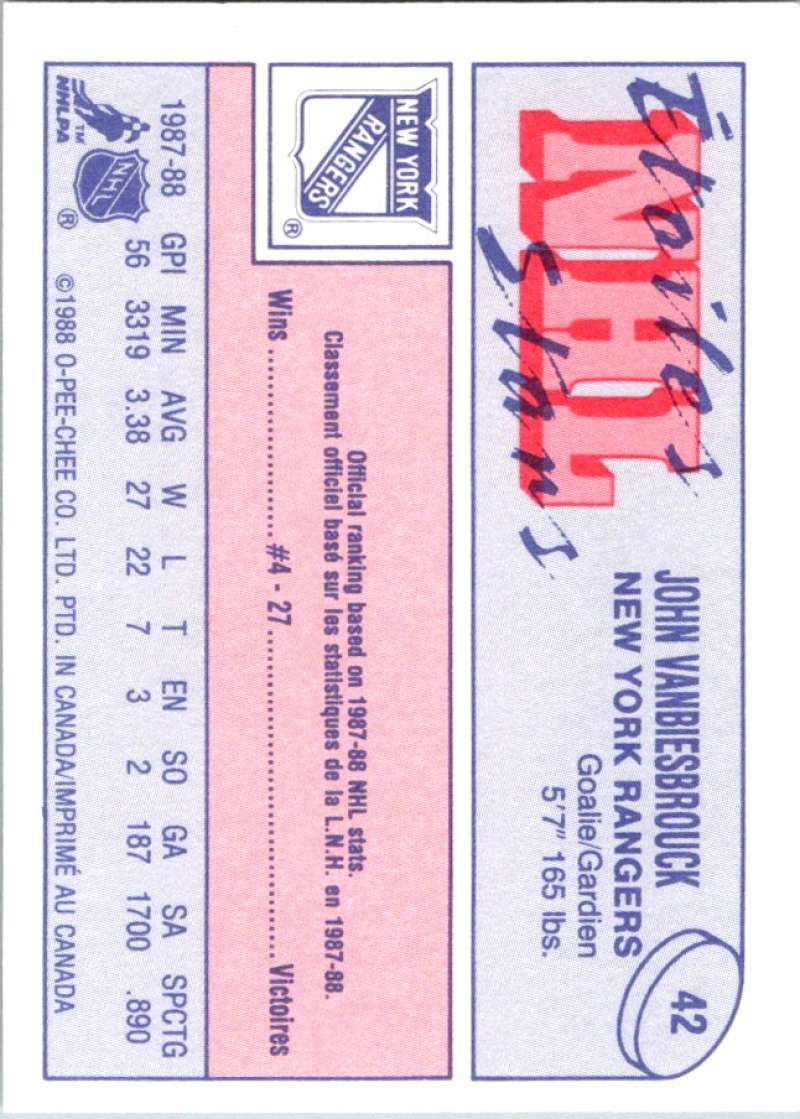 1988-89 O-Pee-Chee Minis #42 John Vanbiesbrouck NY Rangers NHL 06690 Image 2