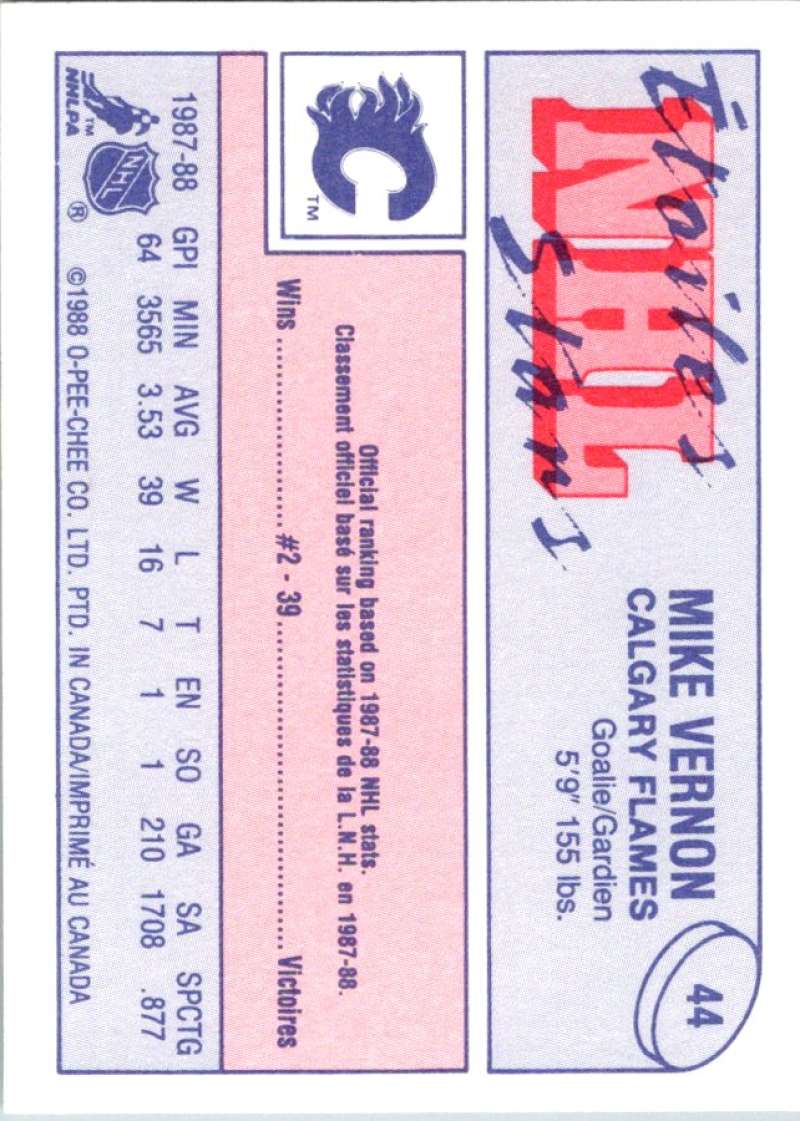 1988-89 O-Pee-Chee Minis #44 Mike Vernon Flames NHL 06692 Image 2