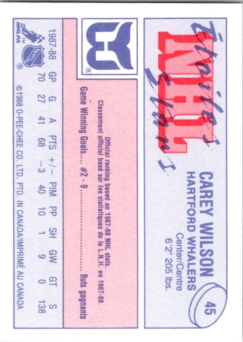 1988-89 O-Pee-Chee Minis #45 Carey Wilson Whalers NHL 06693 Image 2