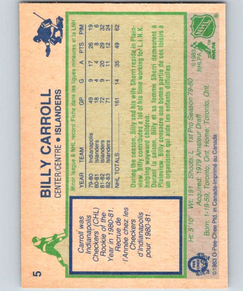 1983-84 O-Pee-Chee #5 Billy Carroll RC Rookie NY Islanders NHL Hockey