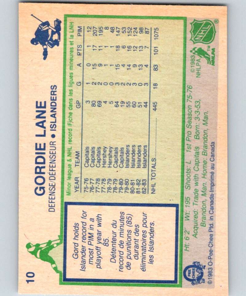 1983-84 O-Pee-Chee #10 Gord Lane NY Islanders NHL Hockey