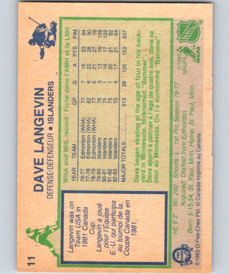 1983-84 O-Pee-Chee #11 Dave Langevin NY Islanders NHL Hockey
