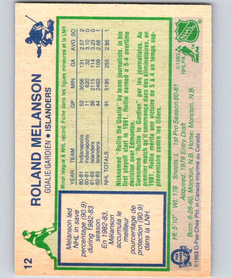 1983-84 O-Pee-Chee #12 Rollie Melanson RC Rookie NY Islanders NHL Hockey