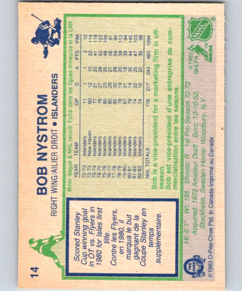 1983-84 O-Pee-Chee #14 Bob Nystrom NY Islanders NHL Hockey
