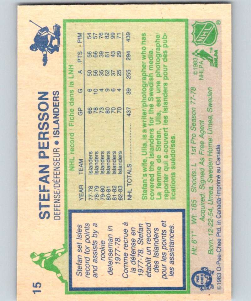 1983-84 O-Pee-Chee #15 Stefan Persson NY Islanders NHL Hockey