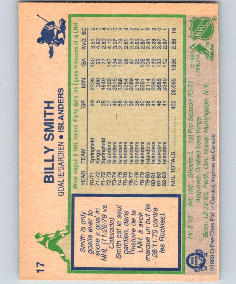 1983-84 O-Pee-Chee #17 Billy Smith NY Islanders NHL Hockey