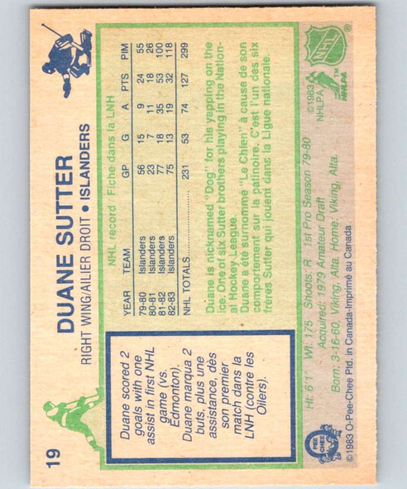 1983-84 O-Pee-Chee #19 Duane Sutter NY Islanders NHL Hockey Image 2