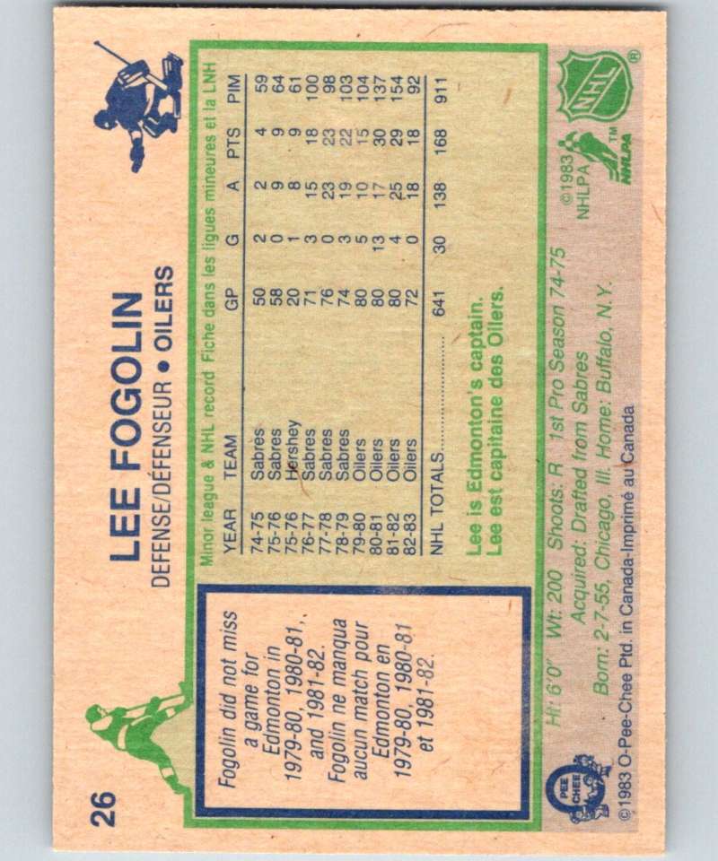 1983-84 O-Pee-Chee #26 Lee Fogolin Oilers NHL Hockey