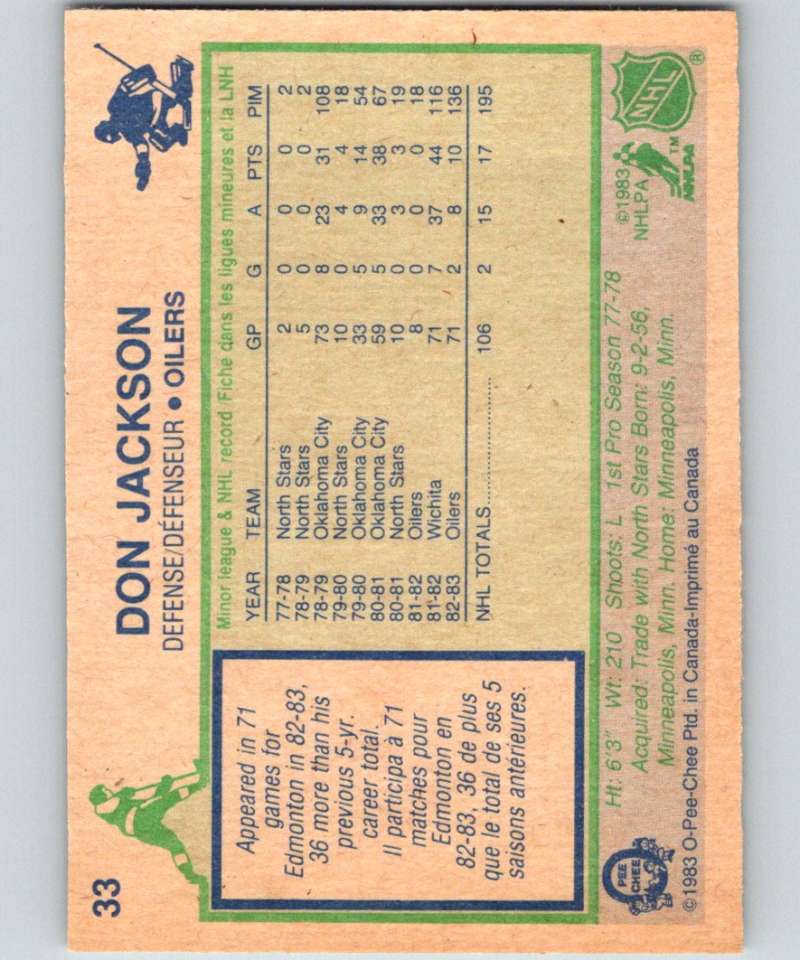 1983-84 O-Pee-Chee #33 Don Jackson RC Rookie Oilers NHL Hockey