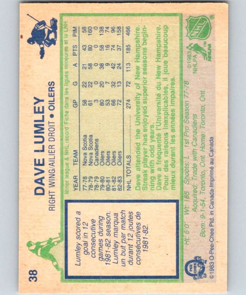 1983-84 O-Pee-Chee #38 Dave Lumley Oilers NHL Hockey