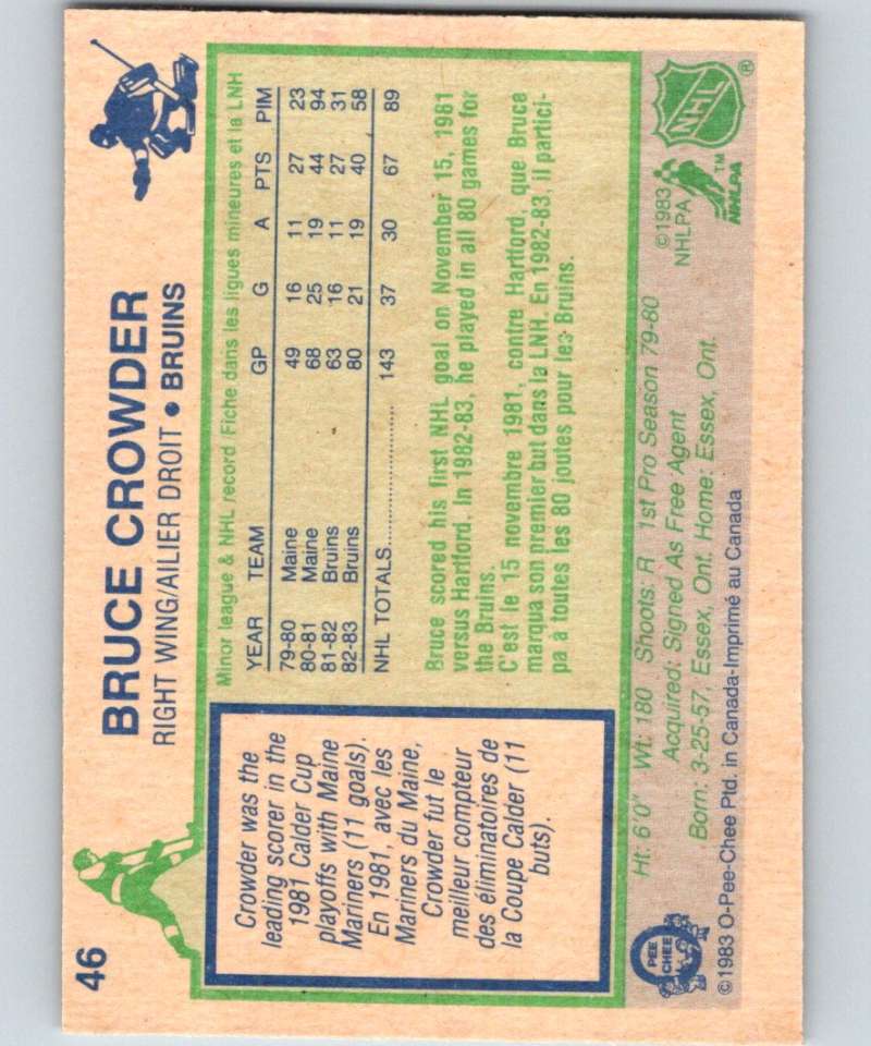 1983-84 O-Pee-Chee #46 Bruce Crowder Bruins NHL Hockey