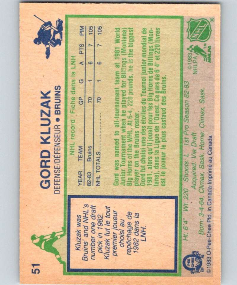 1983-84 O-Pee-Chee #51 Gord Kluzak RC Rookie Bruins NHL Hockey